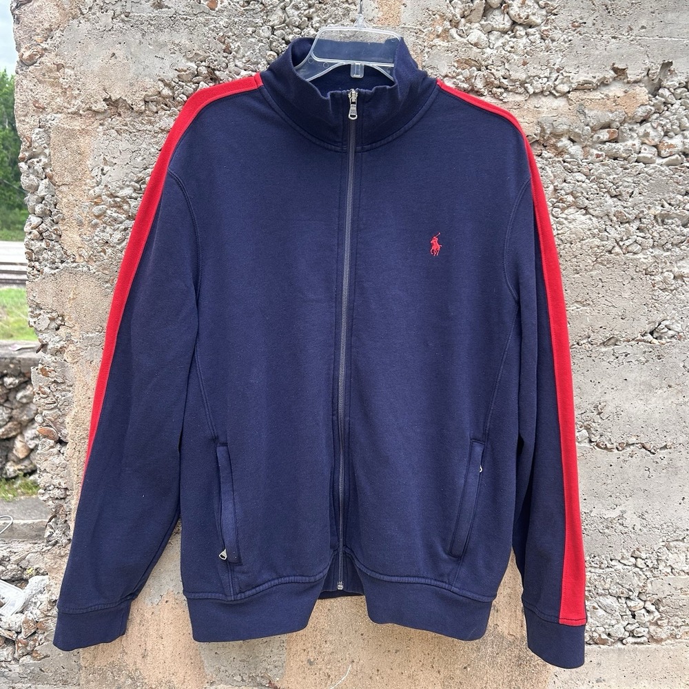 Polo Ralph Lauren Mens Navy Red Stripe Track Jacket Zip Up Pony Vintage 90's XL